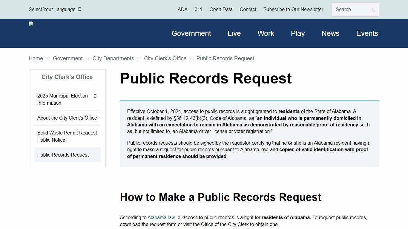 Public Records Request City of Birmingham, Alabama